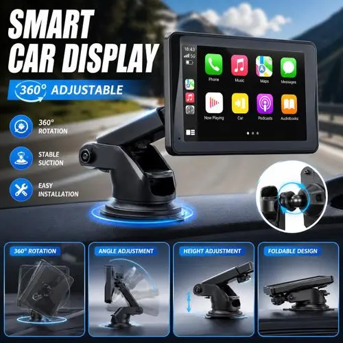 A universal 7-inch touchscreen multimedia in-vehicle display that supports Android Auto/Carplay, Bluetooth 5.0, Mirror Link/Google Assistant, and Siri Assistant, and can be mounted on the dashboard or windshield.