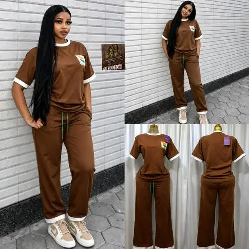 Queen Bee Women's Luxury Casual 2-Piece Tracksuit Set – Premium Nigerian Made Round Neck T-Shirt & Straight Leg Jogger Pants Outfit -Brown